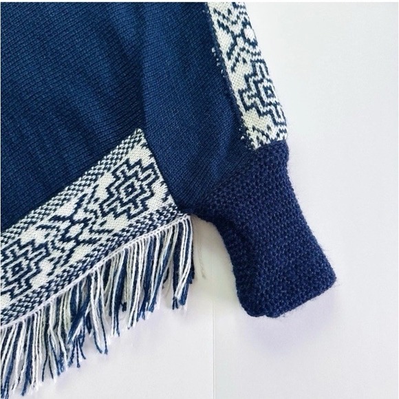 NEW Boutique Women's Navy Blue Alpaca Wool Fringe Sweater Poncho Top OS - Picture 5 of 5